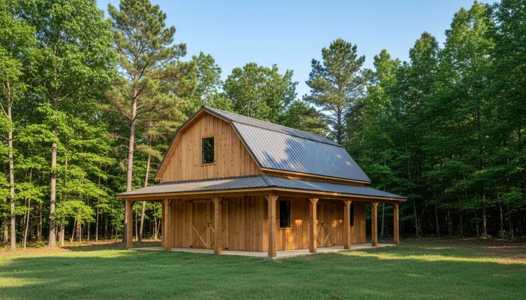 Custom wooden lofted barn with gambrel roof set beside an Arkansas forest